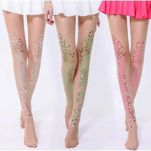 2019 New Women Sexy Gold Silver Shiny Mermaid Flakes Stockings Ladies Faux Tattoo Female Hosiery Bikini Crotch Pantyhose
