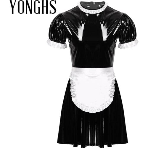 Mens Sissy Maid Cosplay Costume Set Round Neck Wet Look Patent Leather Maid Servant Uniform Flared Dress with Apron for Roleplay