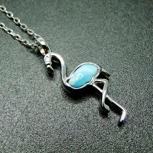 Hot Selling Beautiful Solid 925 Sterling Silver Natural Dominica Larimar Flamingo Pendant Necklace Womens Jewelry For Gift