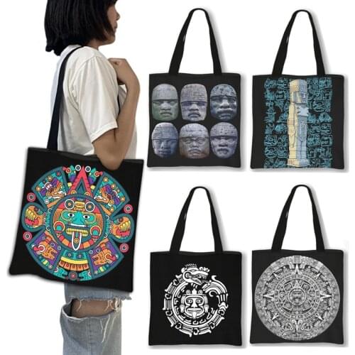 Mexico Maya Aztec Handbag Women Casual Tote Bag Canvas Shoulder Bags for Travel Large Capacity Girls Shopping Bags Gift