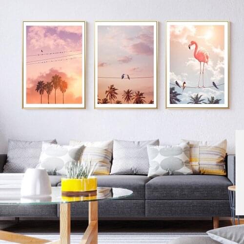 Animal Wall Art Canvas Painting Hummingbirds Flamingo & Friends Posters and Prints Sunset Pictures for Living Room Home Decor