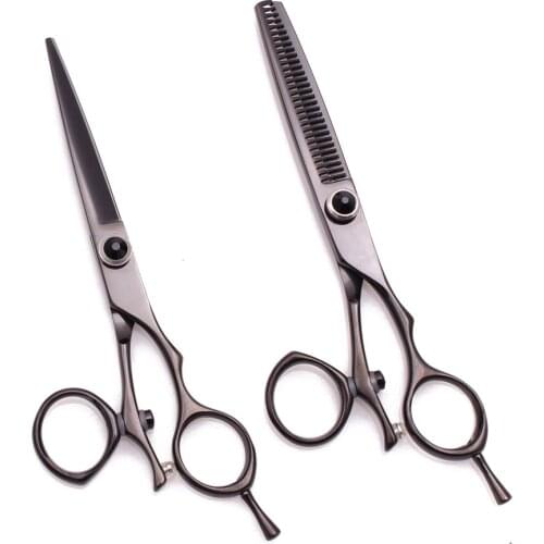 Hair Scissors 5.5" 440C Black Hair Cutting Scissors Thinning Shears Hairdresser Scissors Rotated Handle Customize Logo DIY C9019