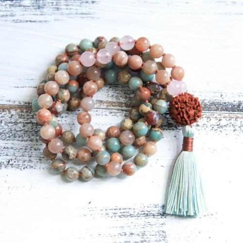 108 Mala Beads Knotted Mala Necklace Nature Stone Aqua Terra Jaspers Tassel Necklace Yoga Bracelet Boho Jewelry Prayer Necklace