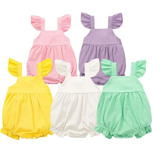 Baby Girls Casual Romper Solid Color Square Collar Fly Sleeves Pink/ Green/ Yellow/ White/ Purple Stylish And Lovely Daily Wear