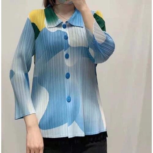 HOT SELLING Miyake fashion turn-down collar print Folds long sleeve Single-breasted coat IN STOCK