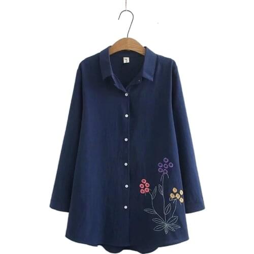Plus Size XL-4XL Womens Long Sleeve Blouse Vintage Button Casual Tops Floral Embroidery Long Blusas