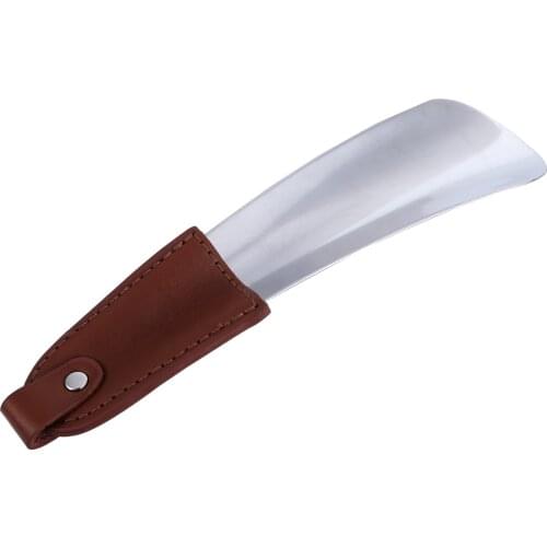 Stainless Steel Shoe Horn with Leather Strap Metal Leather Shoe Horn for Men Women Kids (Dark Brown)