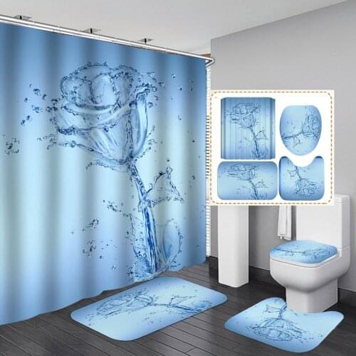 Blue Water Rose Shower Curtain Fantasy Flower With Non Slip Rug Mat Bathroom Curtain Waterproof Polyester Home Decor Custom Gift