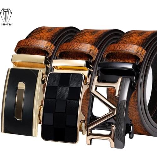 Top Brown Tan Orange Cowskin Leather Mens Belts Gold Black Automatic Buckles Ratchet Waistband Straps for Dress Jeans Casual XXL