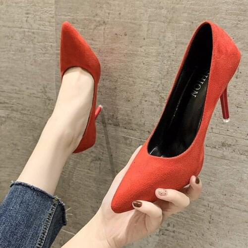 New Shoes For Woman Thin Heels Flock Pointed Toe Party Slip-On 2020 Fashion Women Heels Zapatillas Mujer Large Size 35-43
