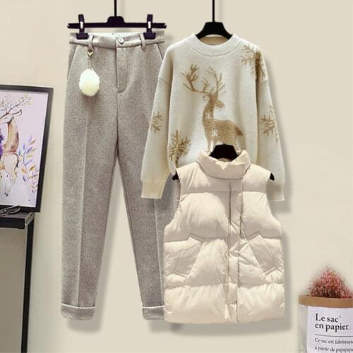 Women 2021 Winter Fashion Suit Tracksuits Female Casual Set Ladies Cotton Vest Coat +Sweater +Wool Pants Three Pieces Set B430