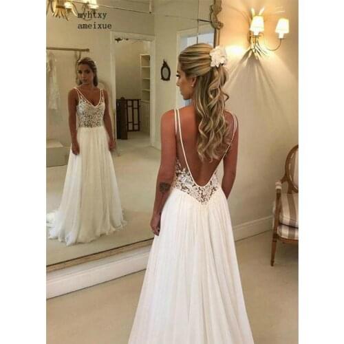 Sexy Backless Boho A Line Deep V Neck See Through Top Lace Summer Beach Bridal Gown Plus Size Cheap Simple Wedding Dress 2020