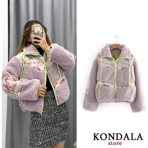 KONDALA Za Women Coat Vintage Floral Print Flocking Coat Bat Sleeved Warm Thick Winter Coat Female Zipper Elegant Jacket Mujer