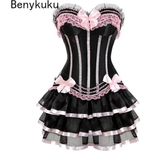 Burlesque Waist Trainer Corset Dress with Skirt Set Lolita Costume Vintage Floral Lace Up Bustier Femme Top for Women Plus Size