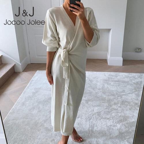 Jocoo Jolee Elegant Lantern Sleeve Lace Up Split Sweater Dress Women Winter Sexy V Neck Long Knitted Dress Party Club Dress Robe