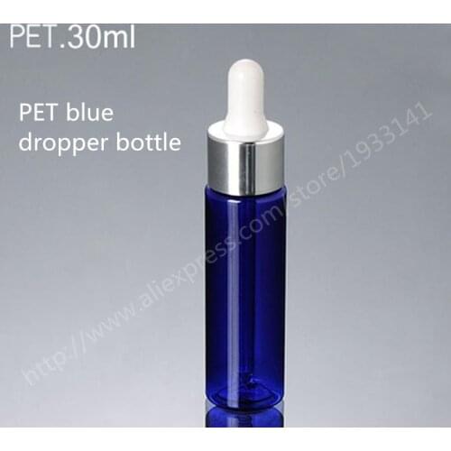 500pcs/lot 30ML blue flat shoulder PET bottle with plastic head silver ring, essence liquid bottle plastic packaging bottle