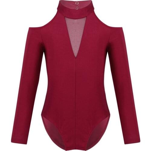 Kids Off-the-shoulder Long Sleeve Gymnastics Leotards for Girls Ballet Dance Wear Workout Bodysuit Children Performance Costume