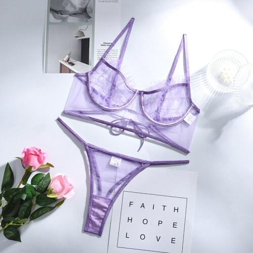 Hot Women Purple Lace Gauze Perspective Backless Sexy Lingerie Badydoll Thin Sex Underwear Suit Erotic Push Up Bra & Panties Set