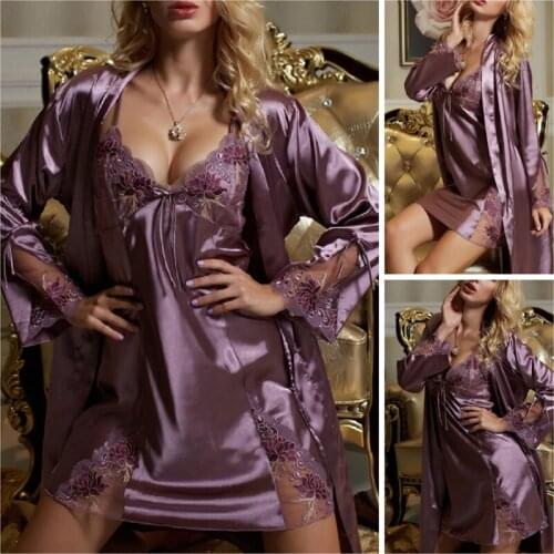 Women Rayon 2PCS Robe Set Bride Bridesmaid Wedding Robe Gown Lace Sexy Kimono Bathrobe Night Dress Casual Nightgown Sleepwear