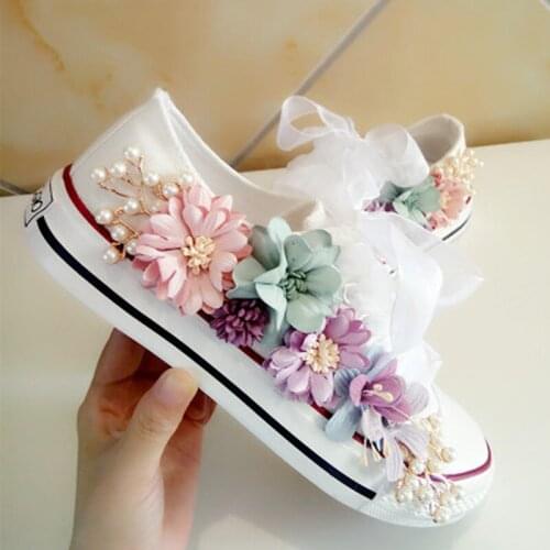 Sneakers Wedges Canvas Shoes Womens Casual Shoes Womens Handmade Custom Three-dimensional Sequins Flowers White Flat