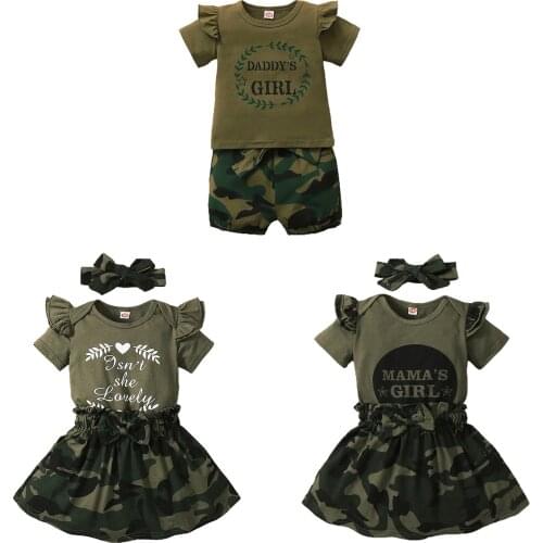 FOCUSNORM 0-18M Newborn Baby Girls Boys Clothes Sets 3pcs Letter Printed Short Sleeve Romper/T Shirts Camouflage Shorts Headband