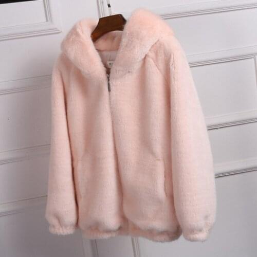 Korean Hooded 2020 Fashion Kawaii New Faux Fur Winter Coat Women Fake Rabbit Fur Slim Short Pink Fluffy Jacket Female DT015