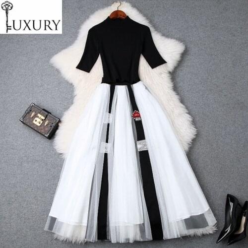 Summer Womens Autumn 2020 Fashion Suit Ladies High Quality Knitted Black Pullovers+Beading Long Maxi Skirt Set