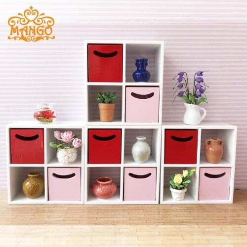 1:12 Simple Mini Wooden 4 Grid Cabinet with 2 Drawer Miniature Modern Indoor Furniture for Dollhouse Furniture 1 Set