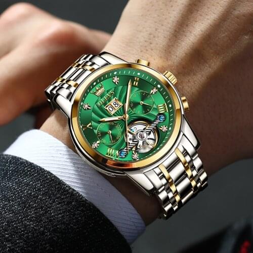 OLEVS 2021 Automatic Mens Watches Top brand luxury men watch Green mechanical wristwatch men waterproof reloj hombre 9910