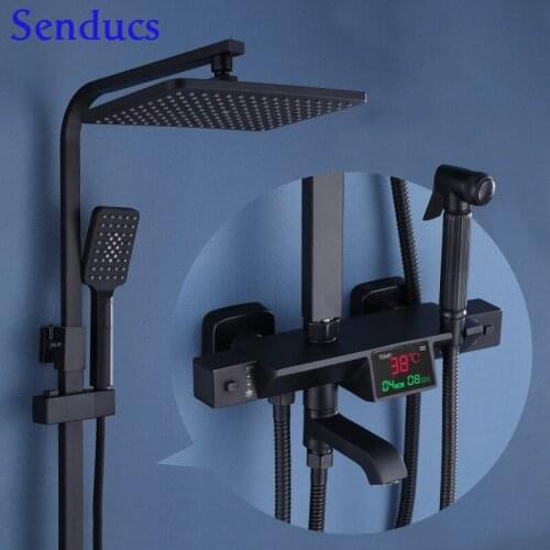 Thermostatic Shower Set Senducs Square Knob Bathroom Shower System White Gold Brass Bathtub Mixer Faucet Digital Shower Set