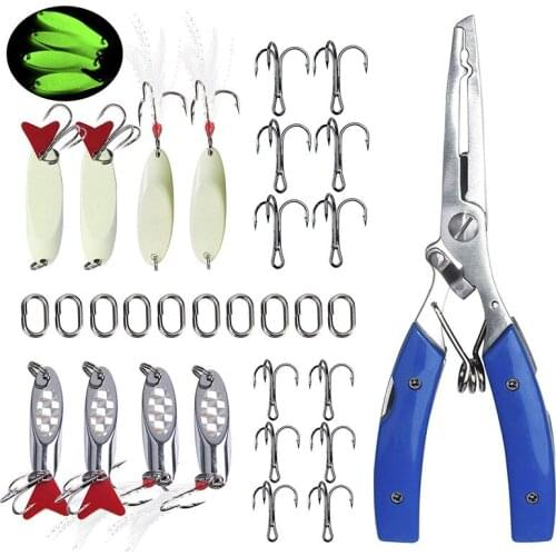 169pcs Metal Spoon Fishing Lures Set Hard Bait Treble Hooks Split Ring Pliers Oval Fishing Split Rings for fishing tackle box