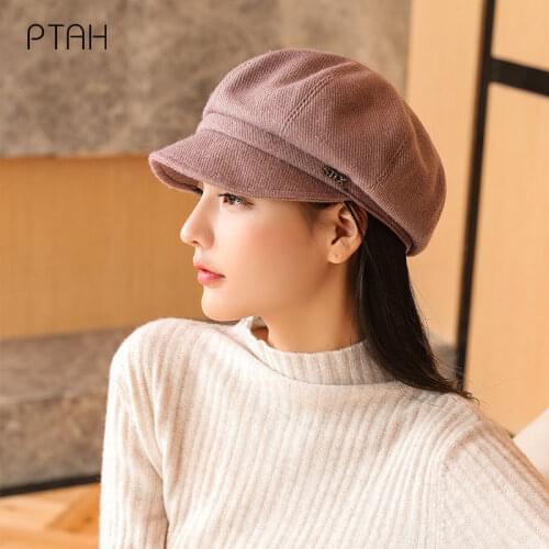 [PTAH] 2021 New Octagonal Flat Cap Women Girls Beret Artist Warm Hats Temperament Autumn Winter Beanie Cap Vintage Beret Hat Cap