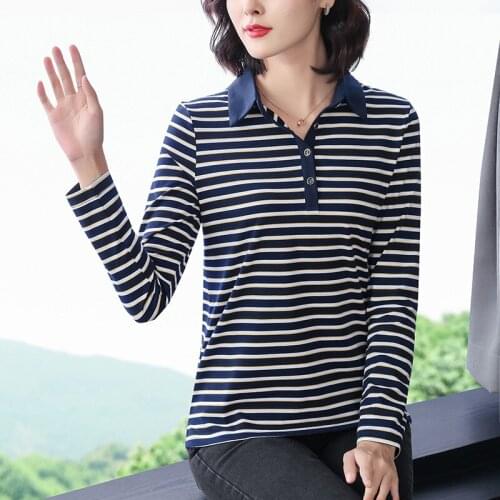 Autumn 2021 Striped Patchwork Cotton T-Shirt Women Button Turn-Down Elegant Coffee Tshirt Polo Collar Female Fashion Winter Tops