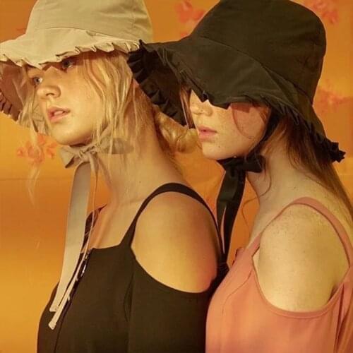 Women Girls Sweet Ruffles Wide Brim Bucket Hat with Satin Long Ribbon Japanese Lolita Bowknot Sunscreen Fisherman Cap