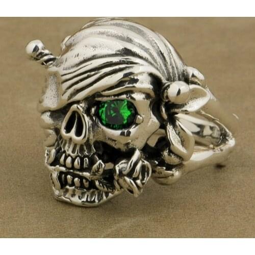 Pirate Skull Ring Rose Green CZ Stone 925 Sterling Silver Mens Biker Rock Punk Style 9W201 US Size 7 to 15