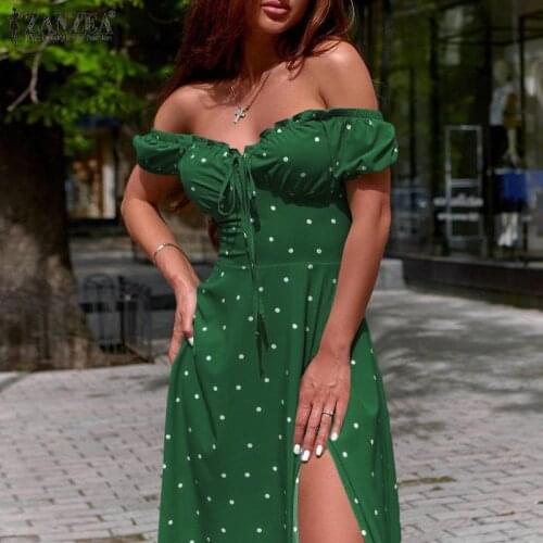 ZANZEA Bohemian Polka Dot Dress Womens French Off Shoulder Vestidos 2021 Summer Elegant Midi Longue Holiday Party Sexy Dresses