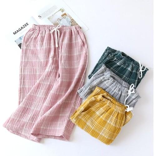 2021summer couple 100% cotton crepe cloth shorts multicolor large size loose plaid mens home pants cropped pants ladies bottoms