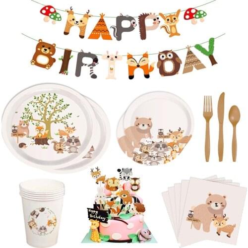 Woodland Animal Disposable Tableware Wild Forest Bear Fox Plate Cup Napkin Jungle Safari Happy Birthday Party Decor Kid Boy Girl