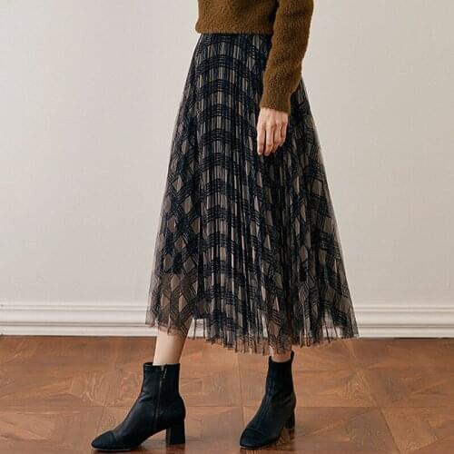 Mesh Skirts Women Plaid Simple Design Elastic High-Waisted Pleated Skirt High Quality Fabric Sexy Style New Fashion