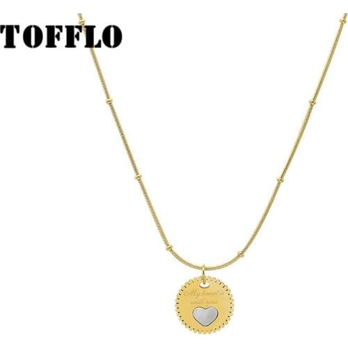 TOFFLO Stainless Steel Jewelry Letter Peach Heart White Sea Shell Pendant Necklace Female Sweet Clavicle Chain BSP947