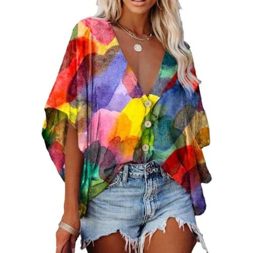 Hot Sale Fashion New Women Shirt Digital Print Batwing Sleeve Summer V Neck Single-breasted Blouse Top Streetwear Plus Size 2021