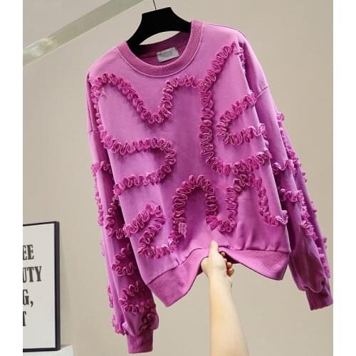 Oversized Sweatshirt Woman Pleated Fungus Lace Panel Round Neck Sweatshirts Womens 2020 New Loose Hoodie Long Sleeve Pullovers