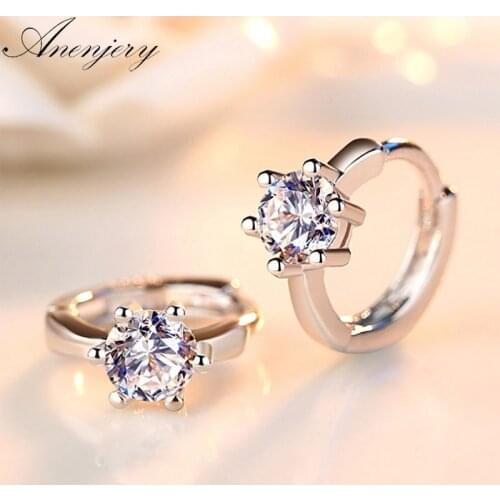 ANENJERY 925 Sterling Silver Six Claw Zircon Heart Arrow Round Stud Earrings For Women Best Gift S-E184