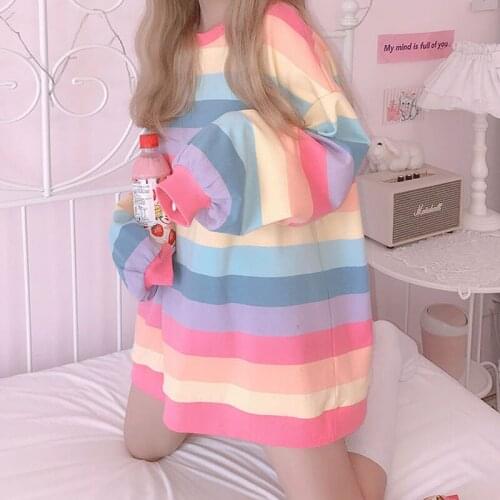 Female Loose Sweatshirts Top Rainbow Kawaii Hoodies Korean Women Full Sleeve Sweatshirts Harajuku Soft Girl Lolita Pullover Tops