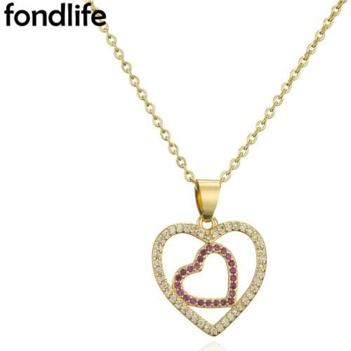AAA Cubic Zirconia Crystal Gold-plated Copper Chain Double Peach Heart Pendant Necklace Women Purple CZ Delicate Jewelry Gift