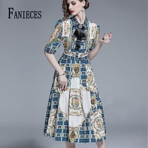 Summer Fall Casual Dress Women Vintage A-Line Long Dress Half Sleeve Single Breasted Slim Print Party Dresses Vestidos de festa