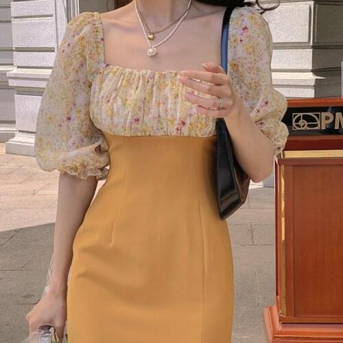 2021 Elegant Floral Dress Women Summer 2021 Print Bodycon Sexy Split Party Midi Dress Puff Sleeve Pretty Vintage Fishtail Dress