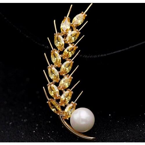 Zlxgirl Great Yellow cubic zircon Wheat pearl brooch female accessories metal high pearl copper hijab accessory scarf pins