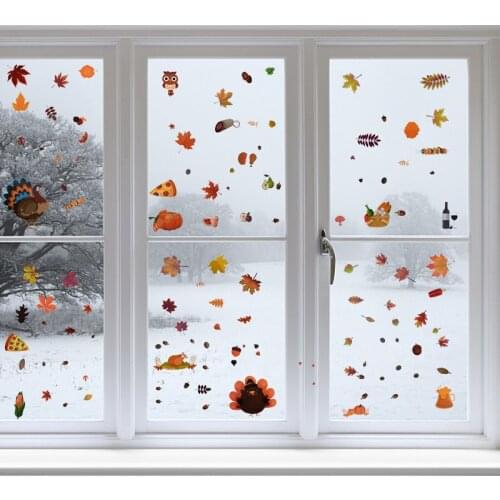 3 Sheets Thanksgiving Autumn Maple Leaves DIY Wall Decorative Sticker Festival Creative Squirrel Birds Window Door Sticker