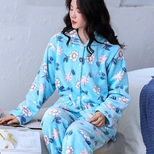 H5816 Women Printing Pajamas Suit Thickened Coral Fleece Mothers Homewear Female Flannel Long Sleeve Autumn Winter Sleepwear